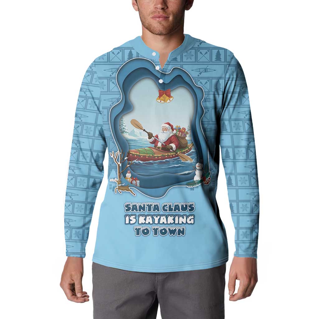 Santa Claus Is Kayaking To Town Button Sweatshirt Merry Christmas - Wonder Print Shop