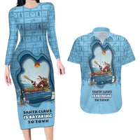 Santa Claus Is Kayaking To Town Couples Matching Long Sleeve Bodycon Dress and Hawaiian Shirt Merry Christmas - Wonder Print Shop