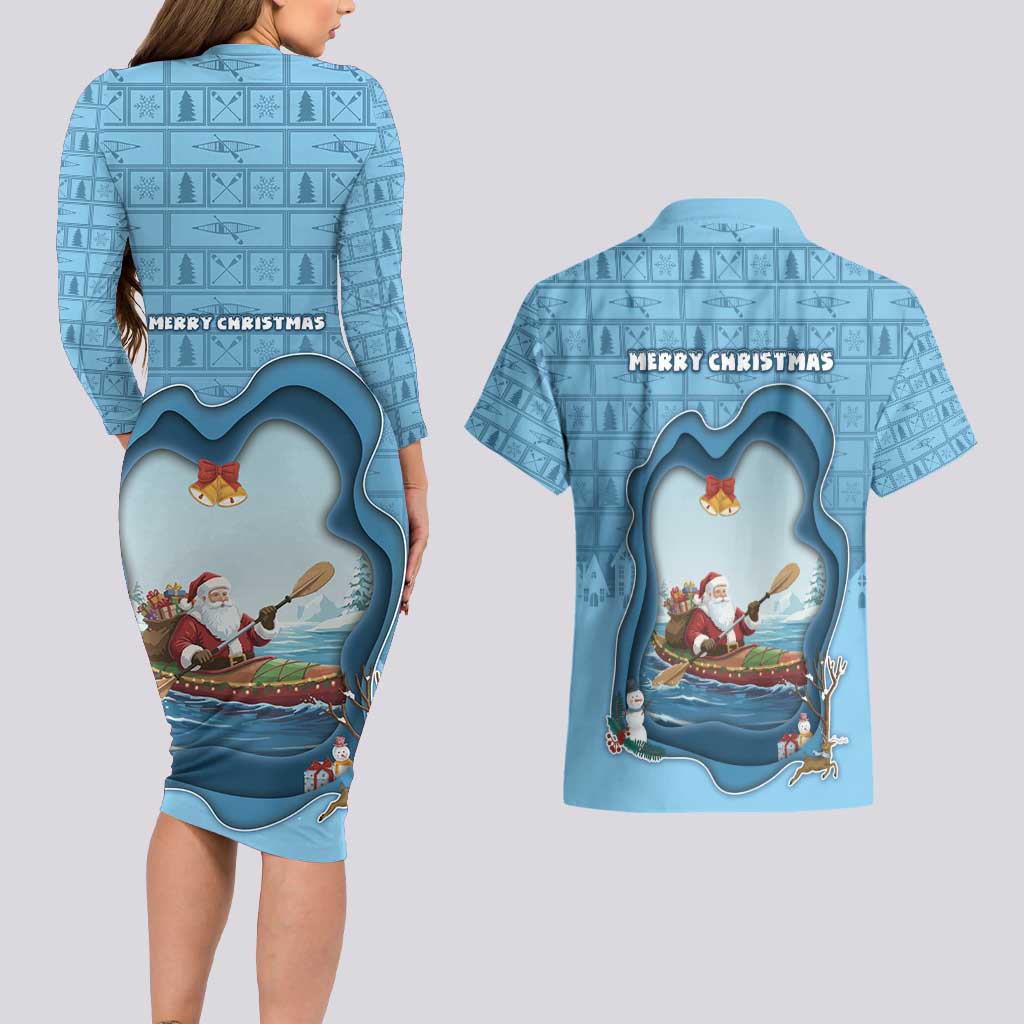 Santa Claus Is Kayaking To Town Couples Matching Long Sleeve Bodycon Dress and Hawaiian Shirt Merry Christmas - Wonder Print Shop
