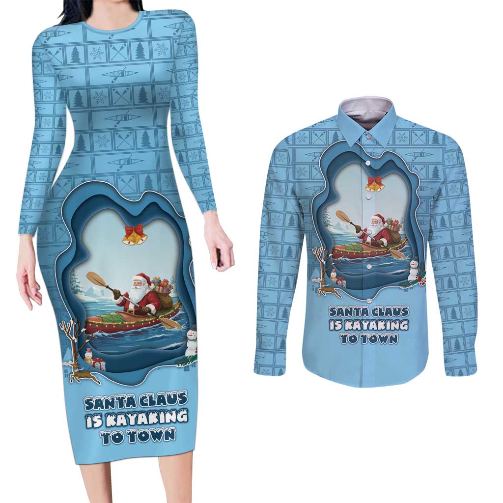 Santa Claus Is Kayaking To Town Couples Matching Long Sleeve Bodycon Dress and Long Sleeve Button Shirt Merry Christmas - Wonder Print Shop