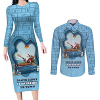 Santa Claus Is Kayaking To Town Couples Matching Long Sleeve Bodycon Dress and Long Sleeve Button Shirt Merry Christmas - Wonder Print Shop