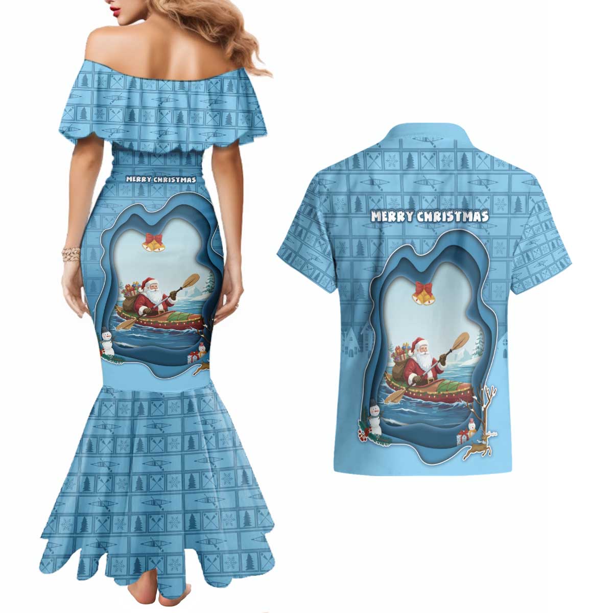 Santa Claus Is Kayaking To Town Couples Matching Mermaid Dress and Hawaiian Shirt Merry Christmas - Wonder Print Shop