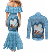 Santa Claus Is Kayaking To Town Couples Matching Mermaid Dress and Long Sleeve Button Shirt Merry Christmas - Wonder Print Shop