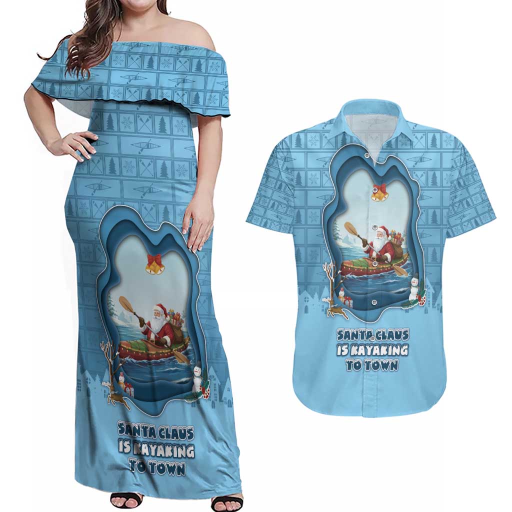 Santa Claus Is Kayaking To Town Couples Matching Off Shoulder Maxi Dress and Hawaiian Shirt Merry Christmas - Wonder Print Shop