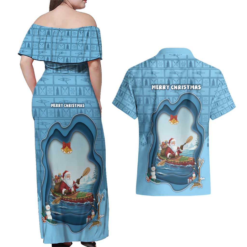 Santa Claus Is Kayaking To Town Couples Matching Off Shoulder Maxi Dress and Hawaiian Shirt Merry Christmas - Wonder Print Shop