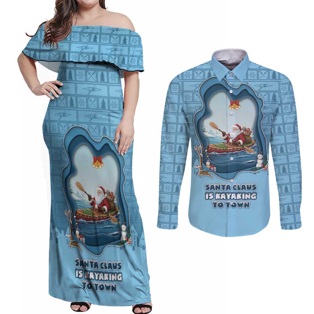 Santa Claus Is Kayaking To Town Couples Matching Off Shoulder Maxi Dress and Long Sleeve Button Shirt Merry Christmas - Wonder Print Shop