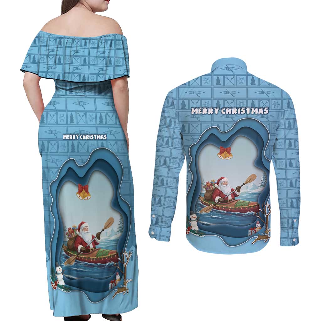 Santa Claus Is Kayaking To Town Couples Matching Off Shoulder Maxi Dress and Long Sleeve Button Shirt Merry Christmas - Wonder Print Shop