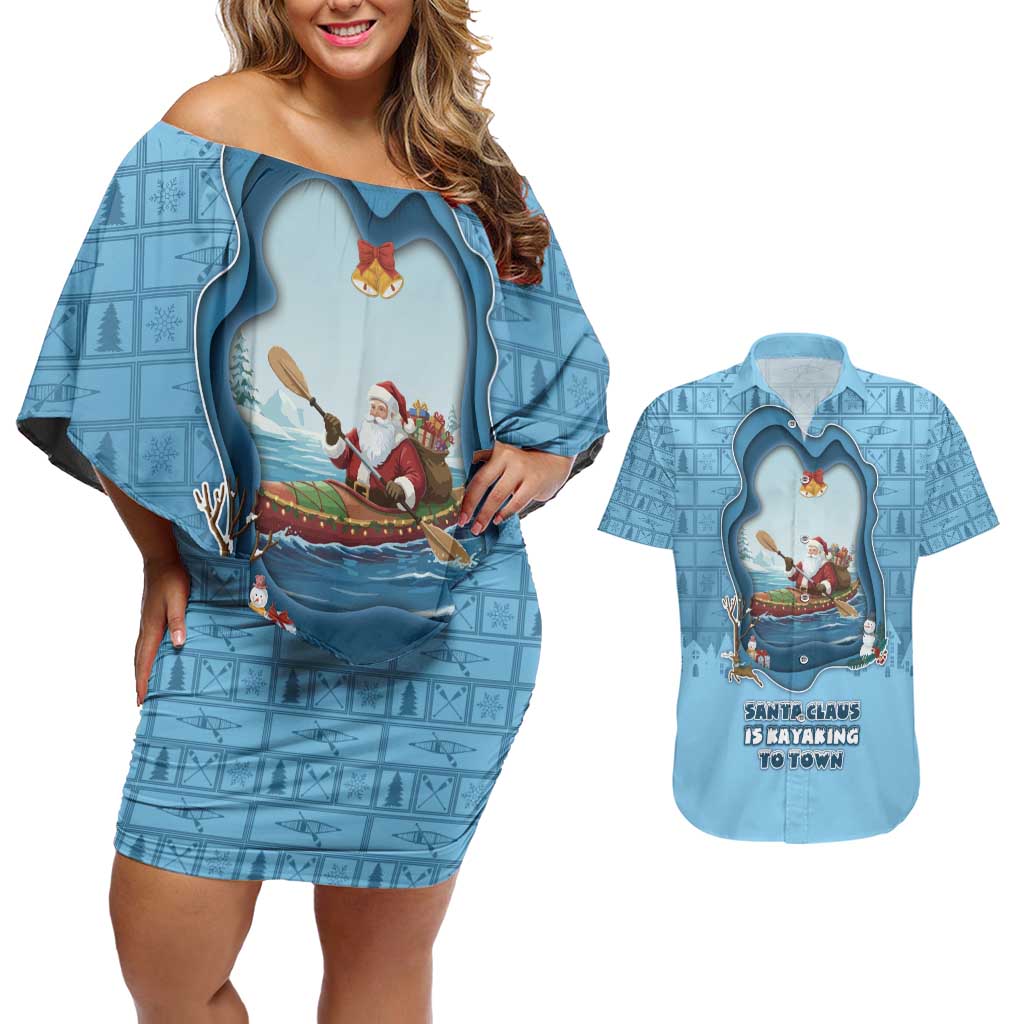 Santa Claus Is Kayaking To Town Couples Matching Off Shoulder Short Dress and Hawaiian Shirt Merry Christmas - Wonder Print Shop
