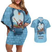 Santa Claus Is Kayaking To Town Couples Matching Off Shoulder Short Dress and Hawaiian Shirt Merry Christmas - Wonder Print Shop