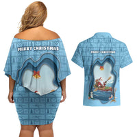 Santa Claus Is Kayaking To Town Couples Matching Off Shoulder Short Dress and Hawaiian Shirt Merry Christmas - Wonder Print Shop