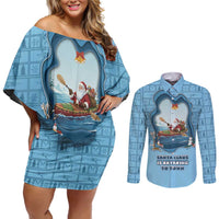 Santa Claus Is Kayaking To Town Couples Matching Off Shoulder Short Dress and Long Sleeve Button Shirt Merry Christmas - Wonder Print Shop