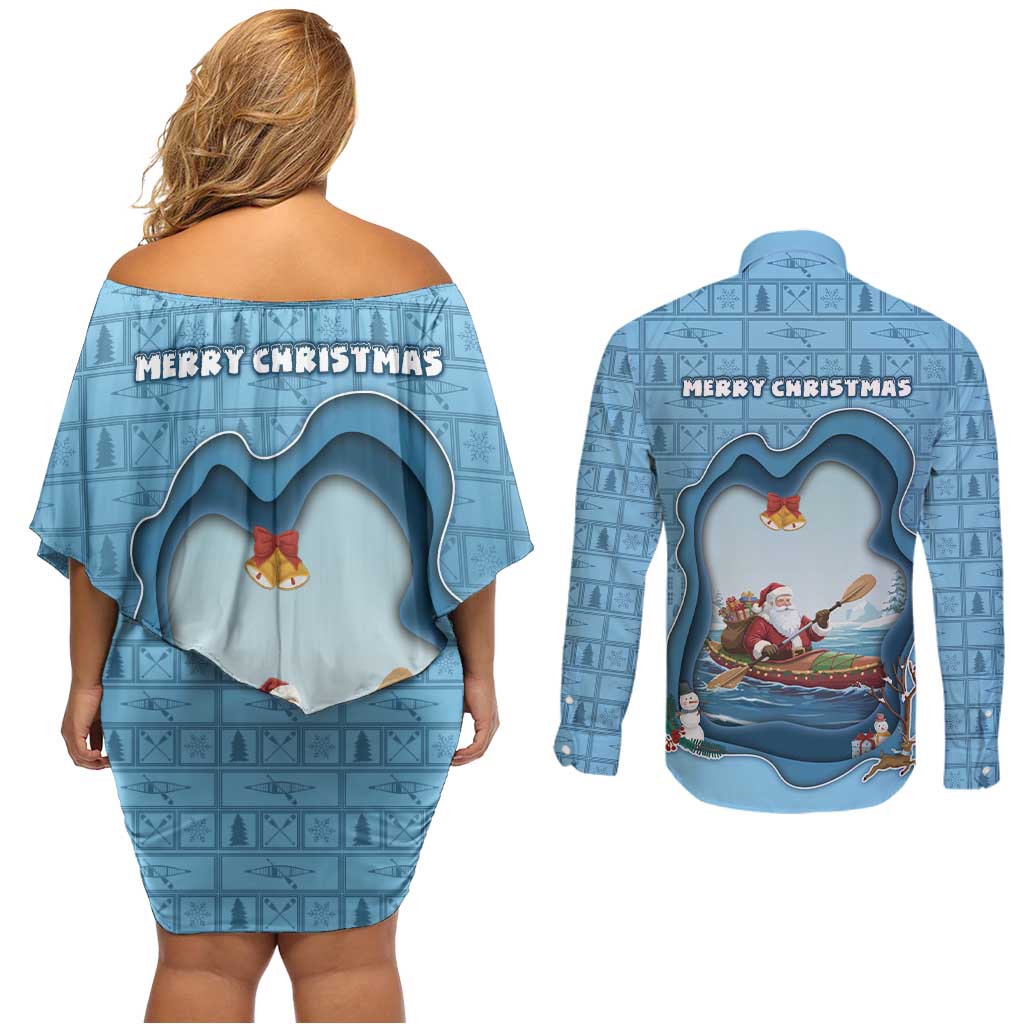 Santa Claus Is Kayaking To Town Couples Matching Off Shoulder Short Dress and Long Sleeve Button Shirt Merry Christmas - Wonder Print Shop