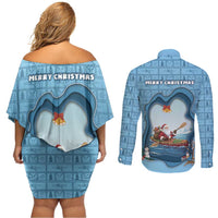 Santa Claus Is Kayaking To Town Couples Matching Off Shoulder Short Dress and Long Sleeve Button Shirt Merry Christmas - Wonder Print Shop