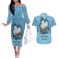 Santa Claus Is Kayaking To Town Couples Matching Off The Shoulder Long Sleeve Dress and Hawaiian Shirt Merry Christmas - Wonder Print Shop