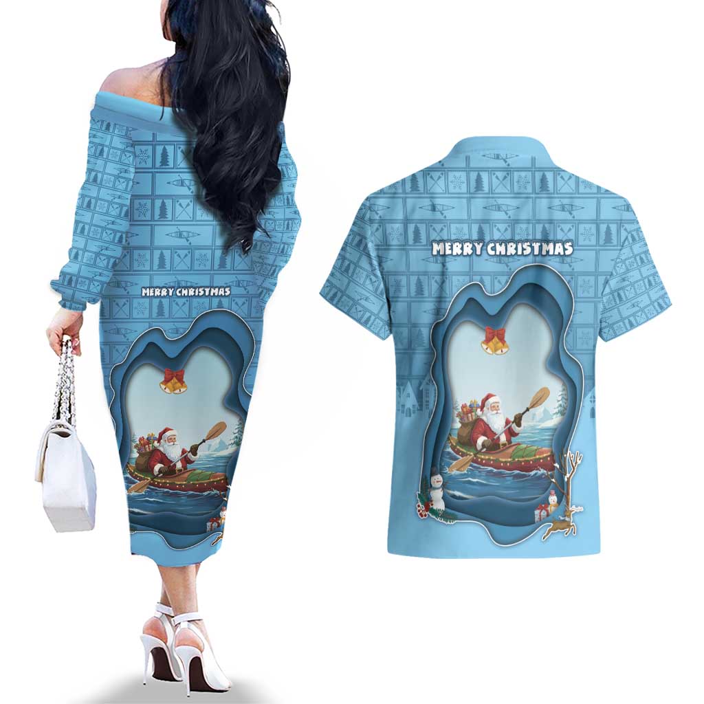 Santa Claus Is Kayaking To Town Couples Matching Off The Shoulder Long Sleeve Dress and Hawaiian Shirt Merry Christmas - Wonder Print Shop