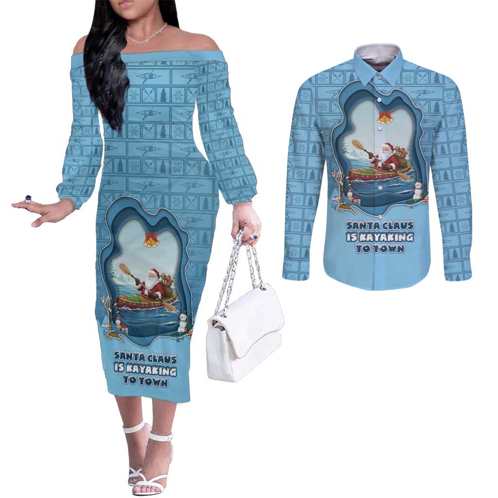 Santa Claus Is Kayaking To Town Couples Matching Off The Shoulder Long Sleeve Dress and Long Sleeve Button Shirt Merry Christmas - Wonder Print Shop