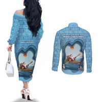 Santa Claus Is Kayaking To Town Couples Matching Off The Shoulder Long Sleeve Dress and Long Sleeve Button Shirt Merry Christmas - Wonder Print Shop