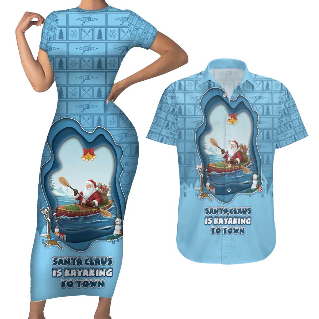 Santa Claus Is Kayaking To Town Couples Matching Short Sleeve Bodycon Dress and Hawaiian Shirt Merry Christmas - Wonder Print Shop