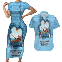Santa Claus Is Kayaking To Town Couples Matching Short Sleeve Bodycon Dress and Hawaiian Shirt Merry Christmas - Wonder Print Shop