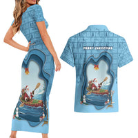 Santa Claus Is Kayaking To Town Couples Matching Short Sleeve Bodycon Dress and Hawaiian Shirt Merry Christmas - Wonder Print Shop