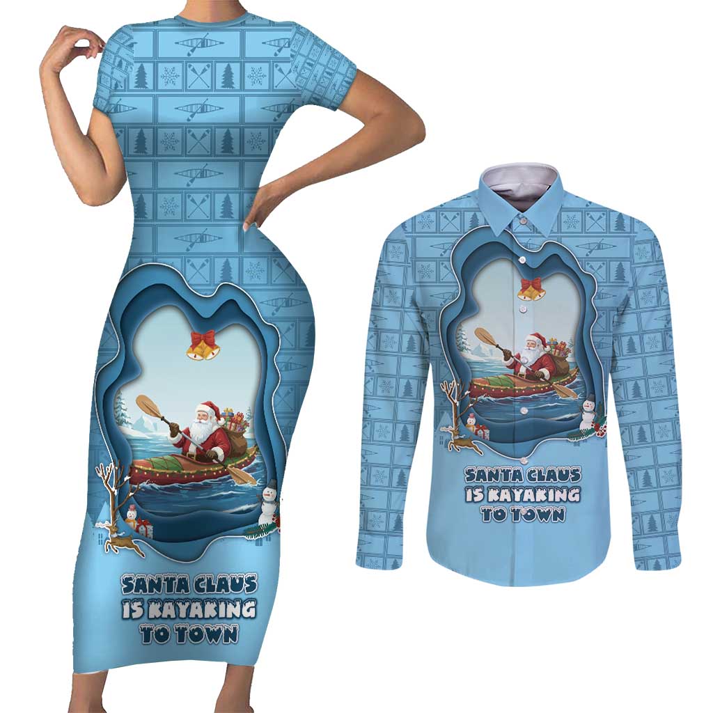 Santa Claus Is Kayaking To Town Couples Matching Short Sleeve Bodycon Dress and Long Sleeve Button Shirt Merry Christmas - Wonder Print Shop