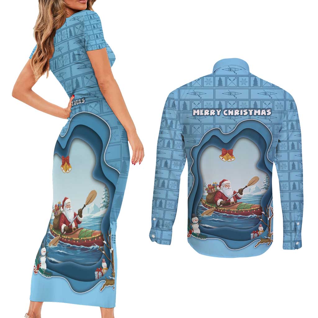 Santa Claus Is Kayaking To Town Couples Matching Short Sleeve Bodycon Dress and Long Sleeve Button Shirt Merry Christmas - Wonder Print Shop