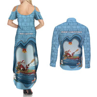 Santa Claus Is Kayaking To Town Couples Matching Summer Maxi Dress and Long Sleeve Button Shirt Merry Christmas - Wonder Print Shop