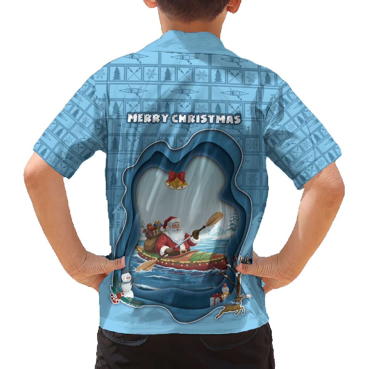 Santa Claus Is Kayaking To Town Family Matching Off The Shoulder Long Sleeve Dress and Hawaiian Shirt Merry Christmas - Wonder Print Shop