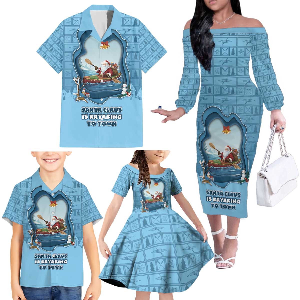 Santa Claus Is Kayaking To Town Family Matching Off The Shoulder Long Sleeve Dress and Hawaiian Shirt Merry Christmas - Wonder Print Shop