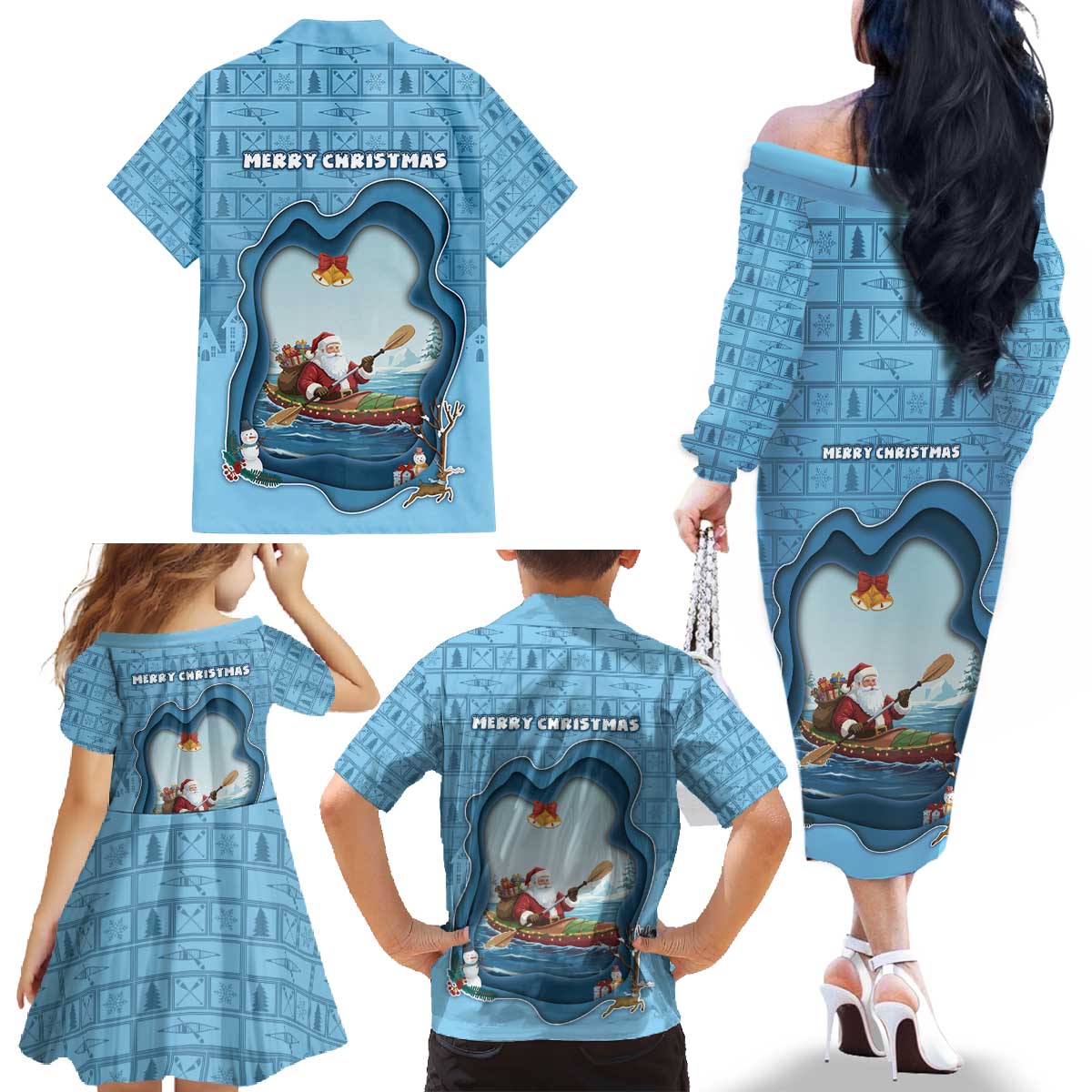 Santa Claus Is Kayaking To Town Family Matching Off The Shoulder Long Sleeve Dress and Hawaiian Shirt Merry Christmas - Wonder Print Shop