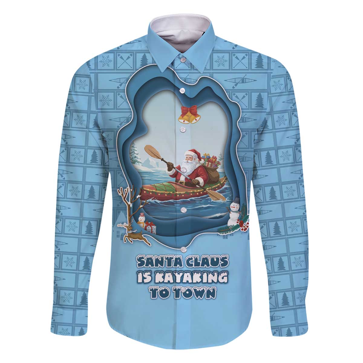 Santa Claus Is Kayaking To Town Family Matching Off The Shoulder Long Sleeve Dress and Hawaiian Shirt Merry Christmas - Wonder Print Shop