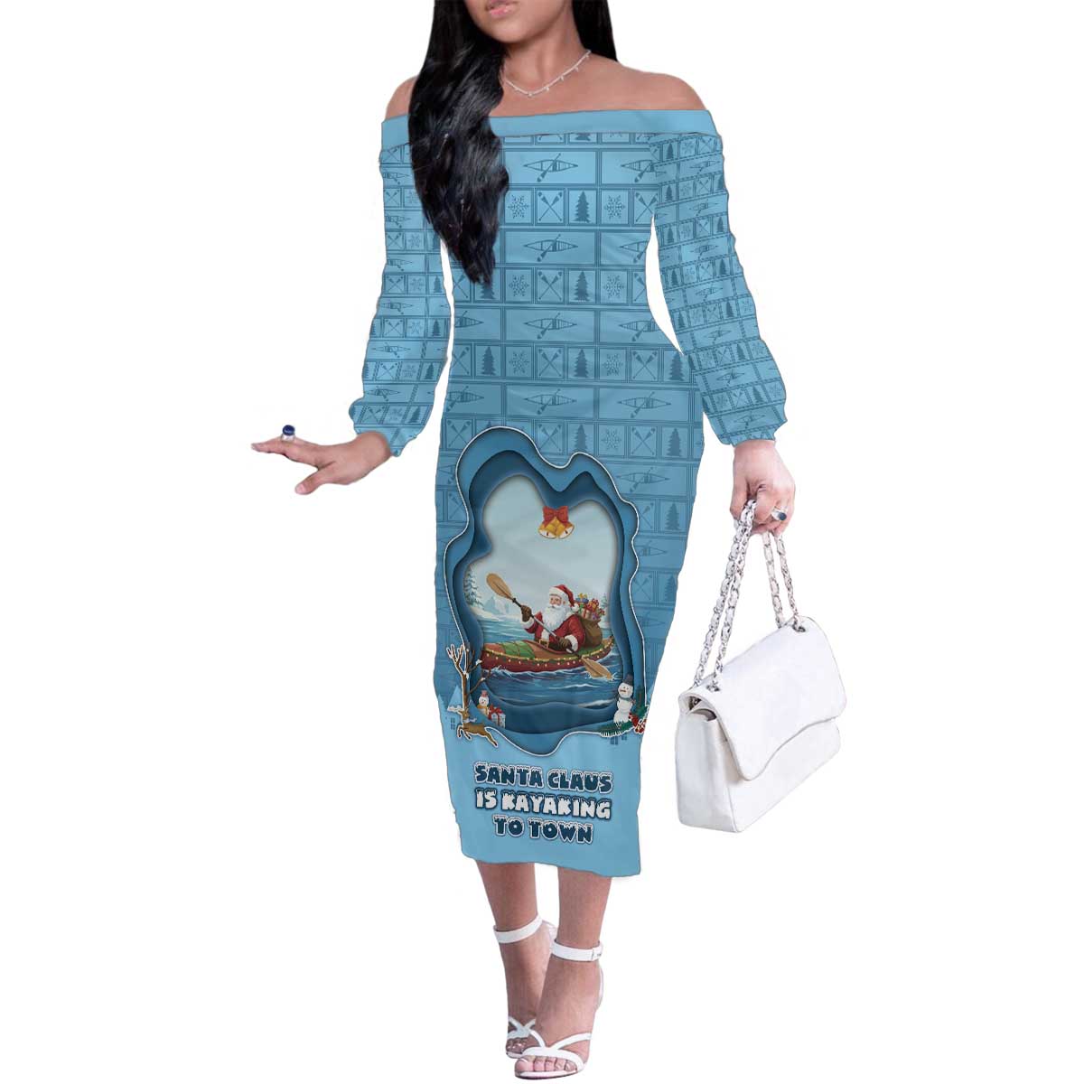 Santa Claus Is Kayaking To Town Family Matching Off The Shoulder Long Sleeve Dress and Hawaiian Shirt Merry Christmas - Wonder Print Shop