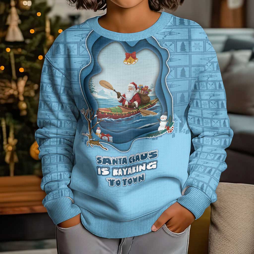 Santa Claus Is Kayaking To Town Kid Ugly Christmas Sweater Merry Christmas - Wonder Print Shop