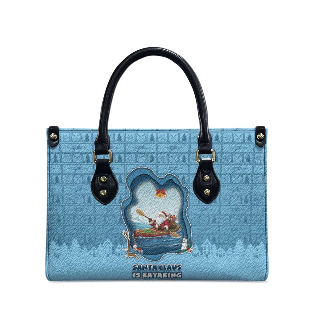 Santa Claus Is Kayaking To Town Leather Bag Merry Christmas - Wonder Print Shop