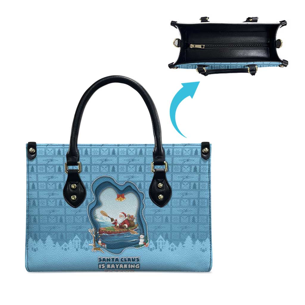 Santa Claus Is Kayaking To Town Leather Bag Merry Christmas - Wonder Print Shop