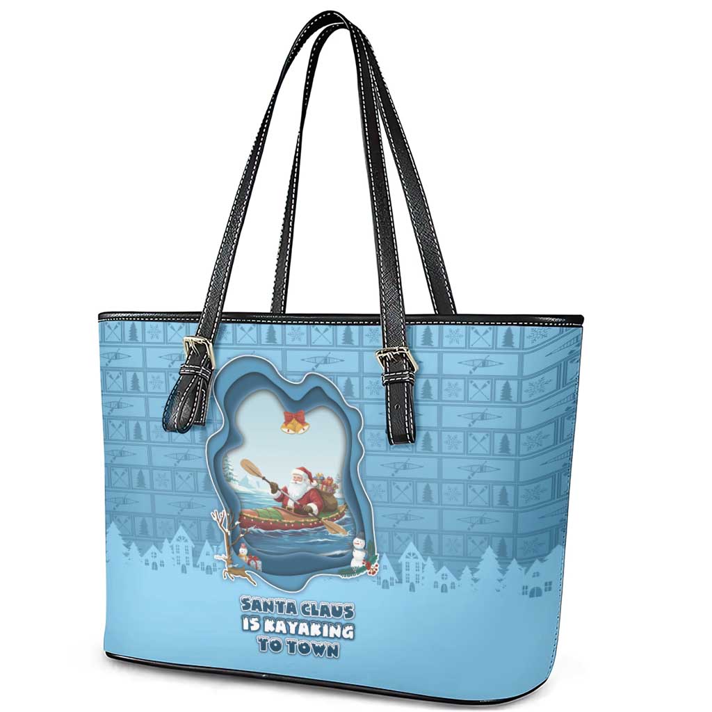 Santa Claus Is Kayaking To Town Leather Tote Bag Merry Christmas - Wonder Print Shop