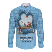 Santa Claus Is Kayaking To Town Long Sleeve Button Shirt Merry Christmas - Wonder Print Shop