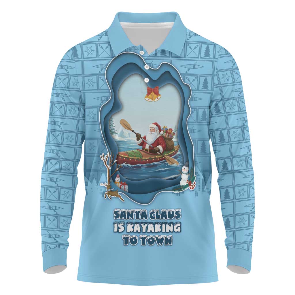 Santa Claus Is Kayaking To Town Long Sleeve Polo Shirt Merry Christmas - Wonder Print Shop