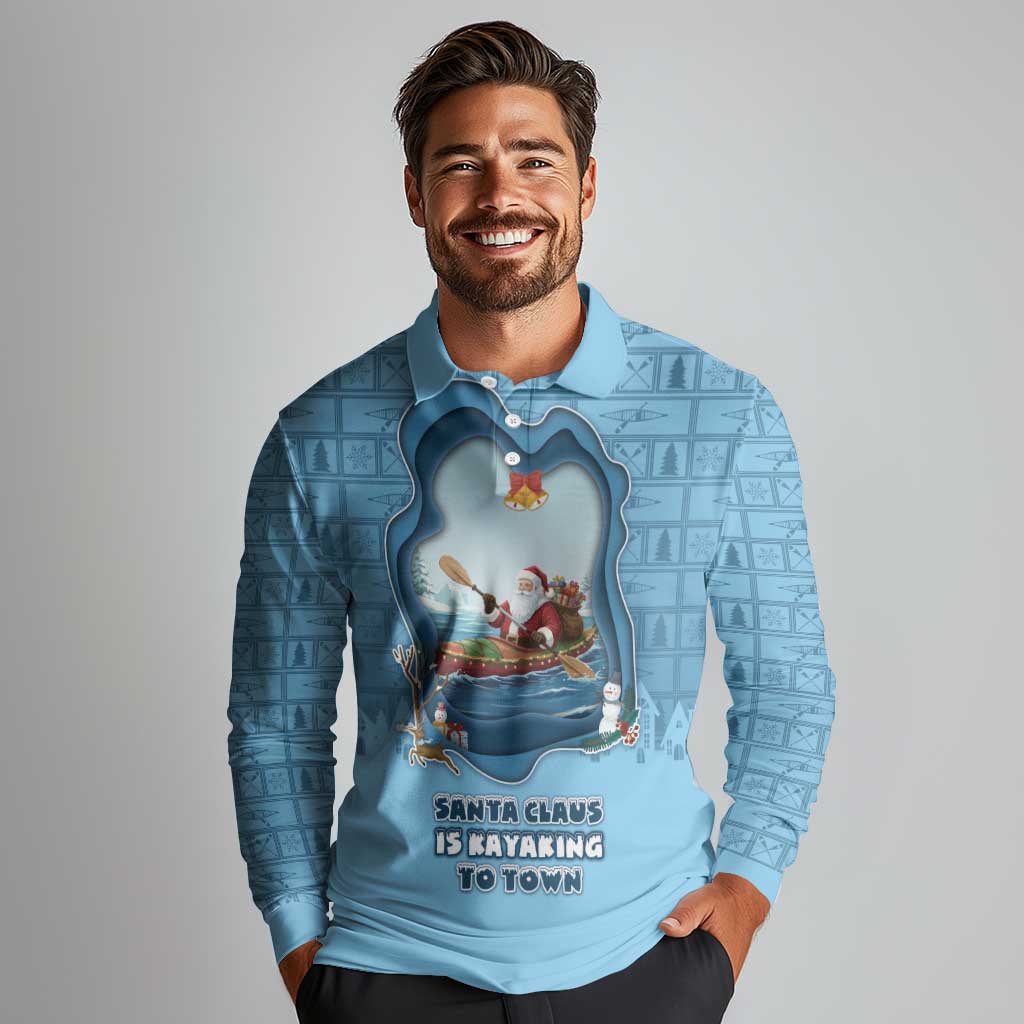 Santa Claus Is Kayaking To Town Long Sleeve Polo Shirt Merry Christmas - Wonder Print Shop