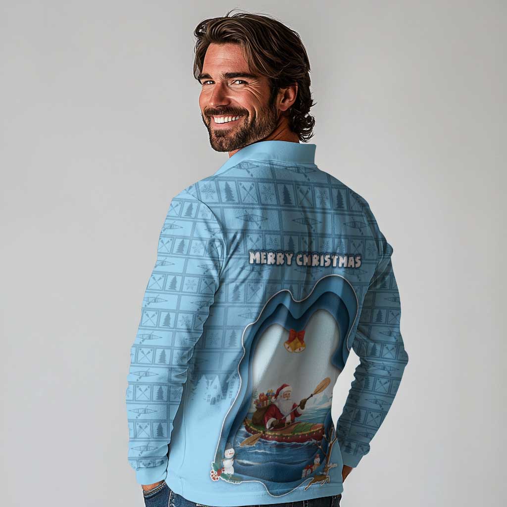 Santa Claus Is Kayaking To Town Long Sleeve Polo Shirt Merry Christmas - Wonder Print Shop