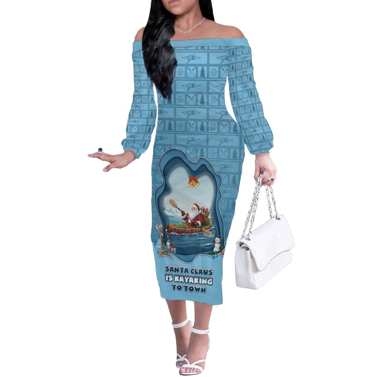 Santa Claus Is Kayaking To Town Off The Shoulder Long Sleeve Dress Merry Christmas - Wonder Print Shop