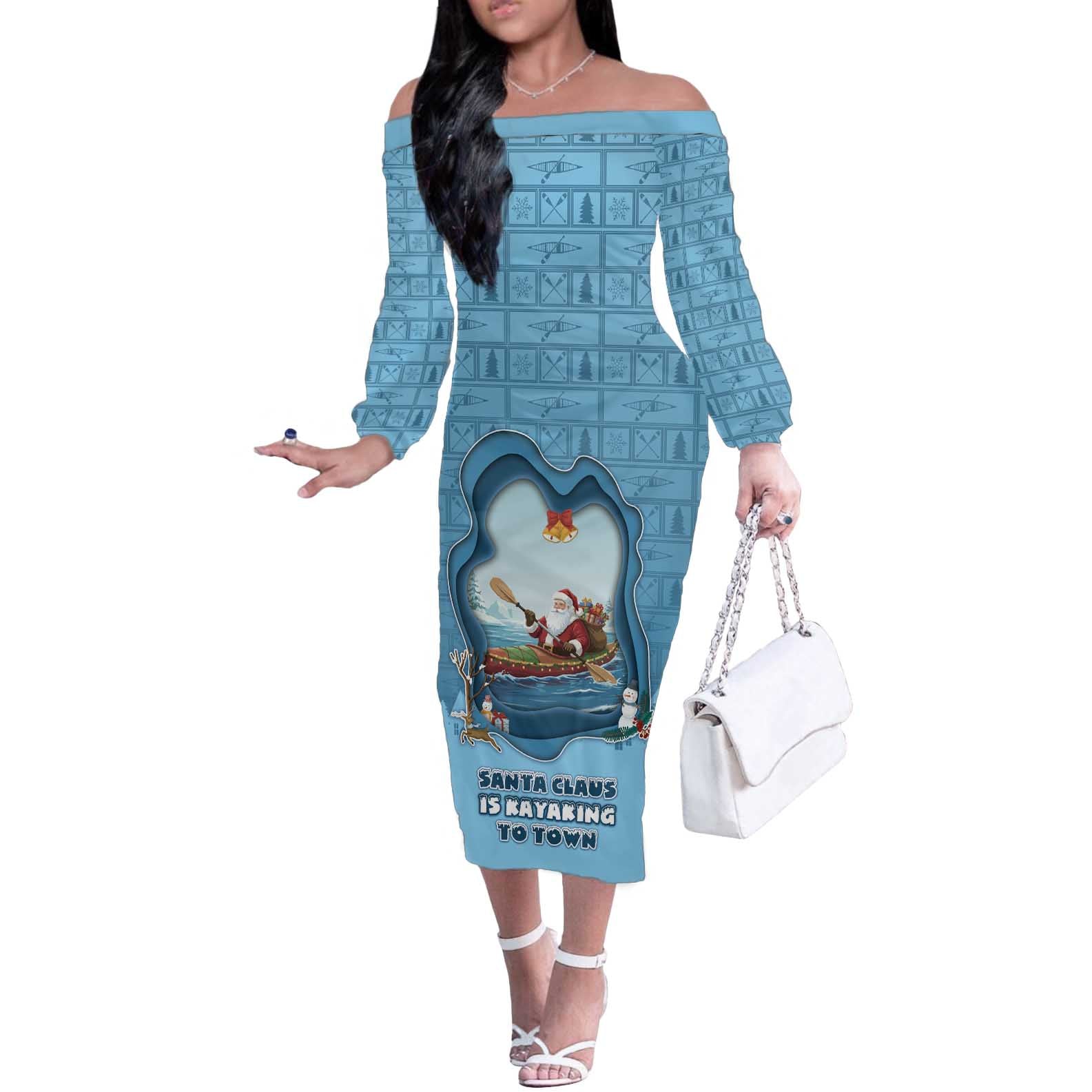 Santa Claus Is Kayaking To Town Off The Shoulder Long Sleeve Dress Merry Christmas - Wonder Print Shop