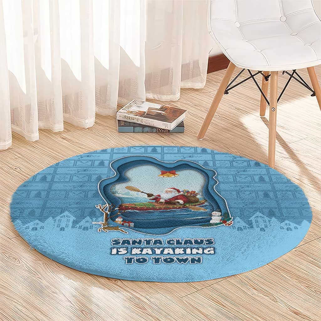 Santa Claus Is Kayaking To Town Round Carpet Merry Christmas - Wonder Print Shop