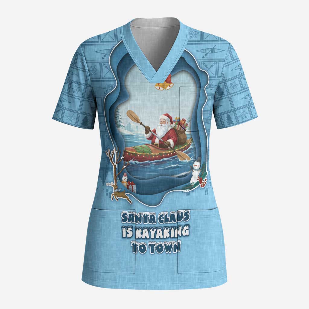 Santa Claus Is Kayaking To Town Scrub Top Merry Christmas - Wonder Print Shop