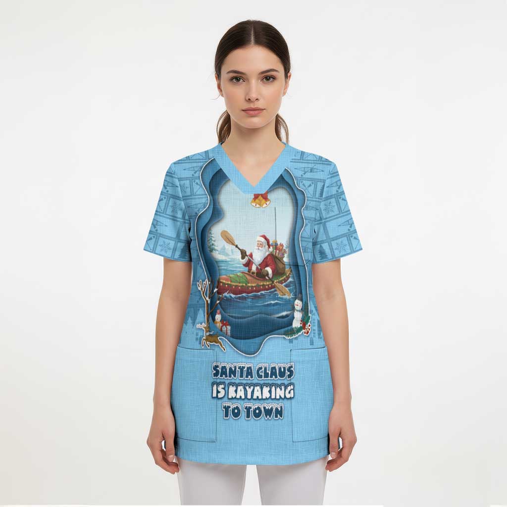 Santa Claus Is Kayaking To Town Scrub Top Merry Christmas - Wonder Print Shop
