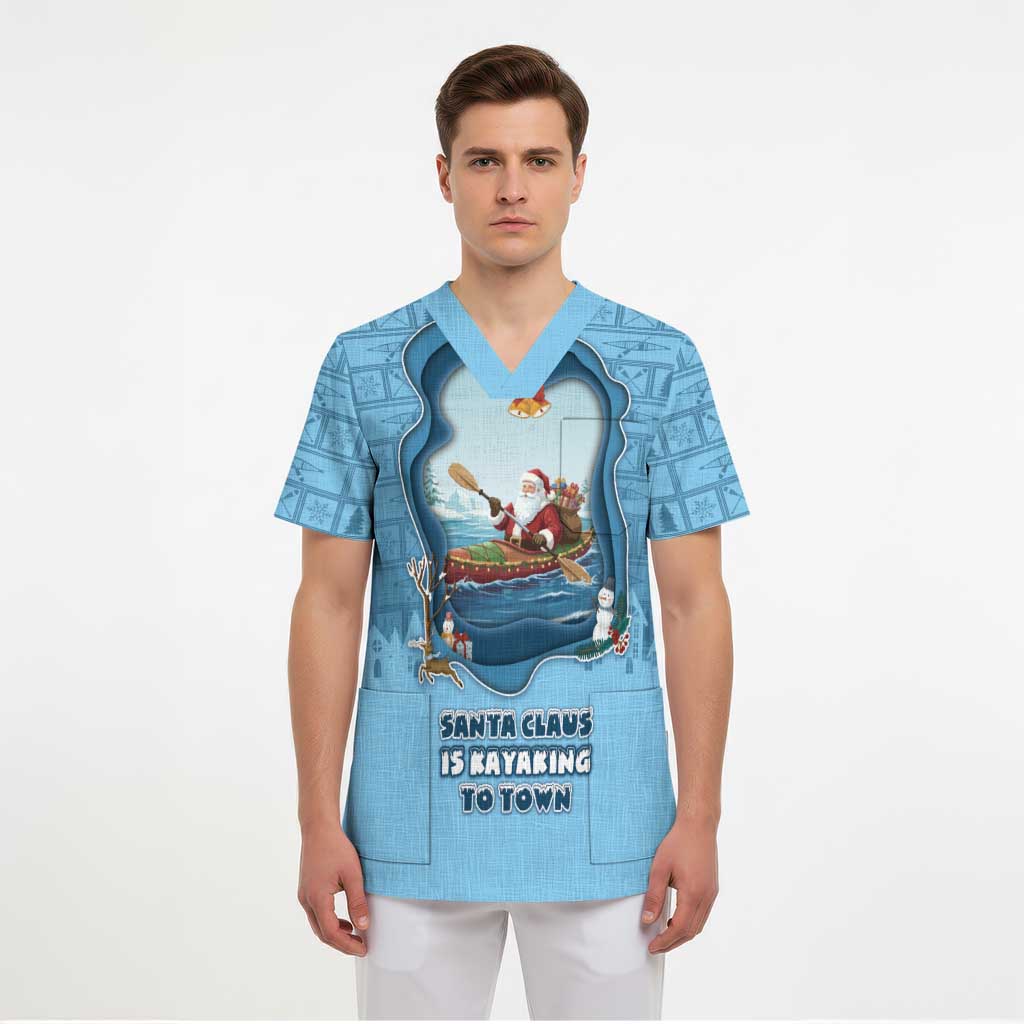 Santa Claus Is Kayaking To Town Scrub Top Merry Christmas - Wonder Print Shop