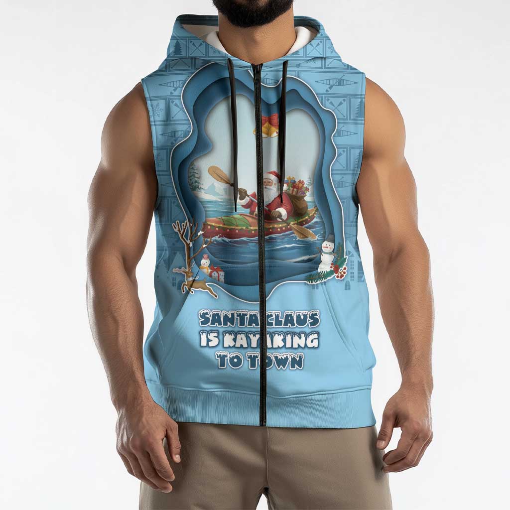 Santa Claus Is Kayaking To Town Sleeveless Zip Hoodie Merry Christmas - Wonder Print Shop