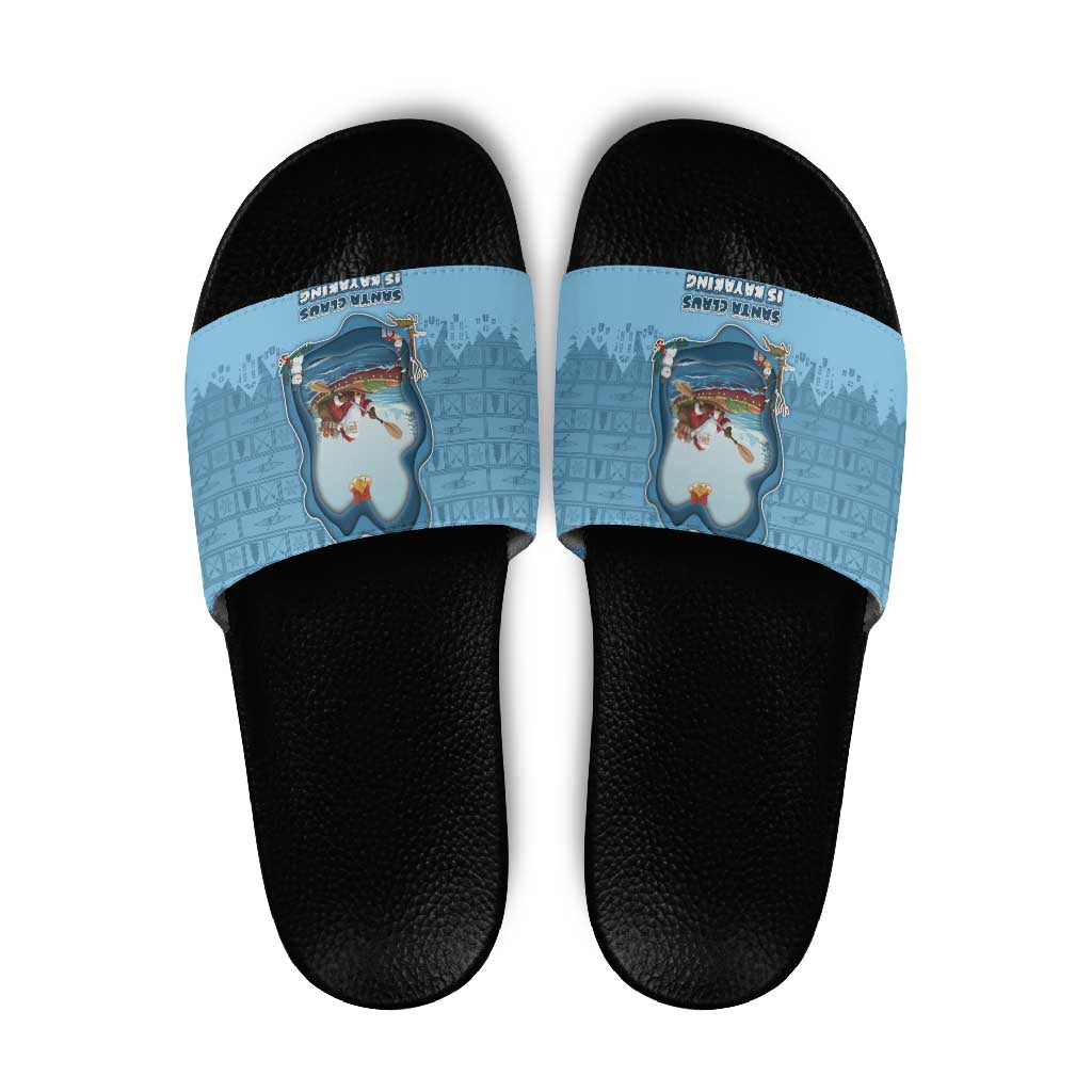 Santa Claus Is Kayaking To Town Slide Sandals Merry Christmas - Wonder Print Shop