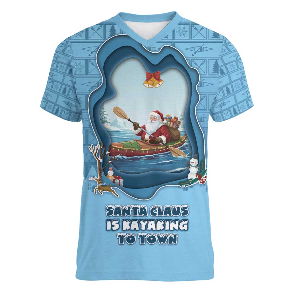Santa Claus Is Kayaking To Town Women V-Neck T-Shirt Merry Christmas - Wonder Print Shop