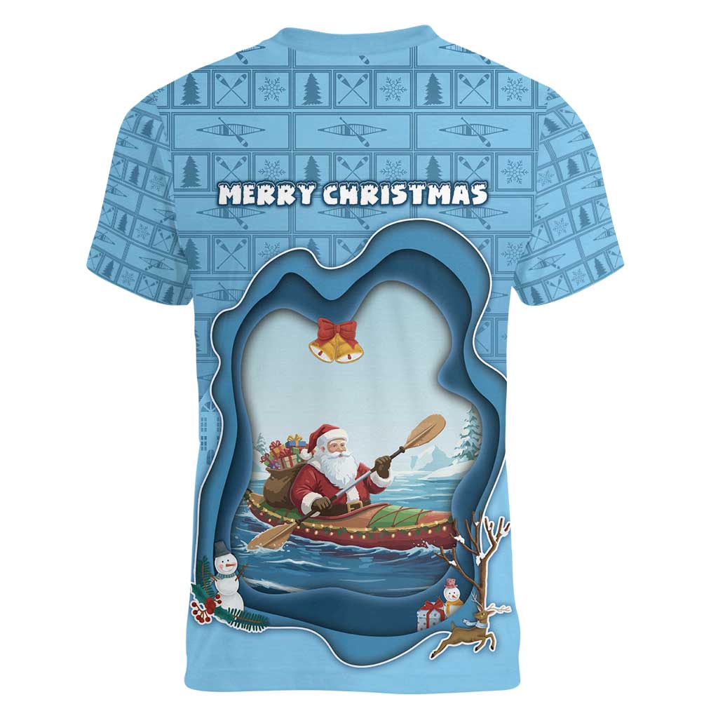 Santa Claus Is Kayaking To Town Women V-Neck T-Shirt Merry Christmas - Wonder Print Shop